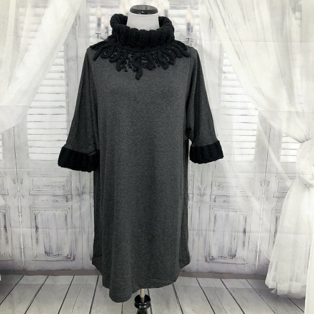 Adam Jones Paris Size 3 Gray Black Sweater Dress Turtleneck Pullover Embroidered